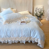 4Pcs Vintage Carved Velvet Lace Ruffles Princess Wedding Bedding Set Queen King Duvet Cover Set Fitted/Flat Sheet Pillowcases