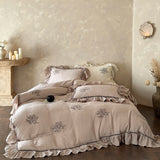 Embroidery Ruffles Princess Bedding Set Double Layer Crepe Yarn Pure Cotton Soft Duvet Cover Flat/Fitted Bed Sheet Pillowcases
