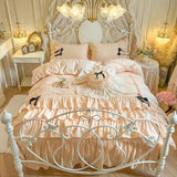 100% Cotton Korean Princess Style Three-layer Ruffles Bow Bedding Set Duvet Cover Bed Skirt Bedspread Pillowcases Wedding Gifts
