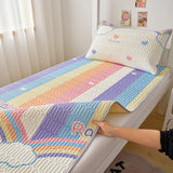 Rainbow Print Latex Cooling Bed Mat for Single Double Bed Summer Breathable Ice Silk Bed Pad Dormitory Soft Cool Sleeping Mat