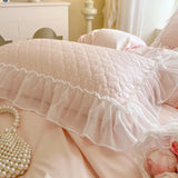 Double Layer Lace Ruffles Princess Wedding Bedding Set 100S Egyptian Cotton Duvet Cover Quilted Bedspread Bed Skirt Pillowcases