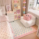 Pink Blue Checkerboard Bedside Carpet Cute Dopamine Bedroom Rug Fashion Ins Advanced Light Luxury Soft Coffee Table Mat 러그 Tapis