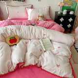 Ins Cream Style Bedding Set Red Embroidery Bow Triangular Needle Stitching Double-layer Yarn Soft Comfortable Bedroom Decoration