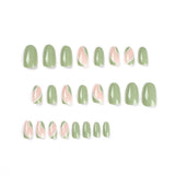 24Pcs Simple Green French False Nails Short Almond Fake Nails with Wave Line Design Wearable Round Head Press on Nail Tips