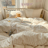 Striped Princess Bedding Set INS Nordic Girls Soft Washed Cotton Bed Flat Sheet Twin Queen Size Duvet Set Pillowcase Bed Linens
