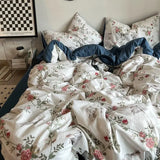 Korean Style Ins Retro Fresh Floral Washed Cotton Bed Four Piece Duvet Set, Student Dormitory Bed Sheet Three Piece Set