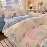 Korean Princess Style 4Pcs Floral Ruffles Bedding Set Single Queen Size Soft Skin-friendly Washed Cotton Duvet Cover Pillowcase