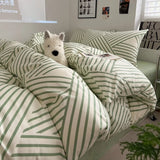 New Pure Cotton Bedding Set with Fitted Sheet Duvet Cover Pillowcase Simple Printed Grid Comfortable Bedclothes Single Double