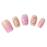 Square Press on Nails Full Cover Carved Flower 3D Nails Press on 3D Ripples French Fake Nails with Golden Pearl False Nails 24Pc