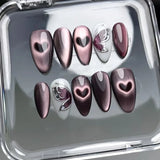 24Pcs 3D Green Ripple Design False Nails Cat's Eye French Almond Fake Nail Tips Leaves Pattern Removable Oval Press on Nails