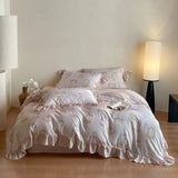 4Pcs Lyocell Soft Silky Cooling Summer Bedding Set Rose Floral Prints Ruffles Duvet Cover Set Bed Sheet/Fitted Sheet Pillowcases
