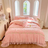 4/6Pcs Vintage French Pleated Pastoral Style Lace Ruffles Embroidery Bedding Set Duvet Cover Set Bedspread Bed Skirt Pillowcases