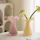 Modern Pastel Pink Yellow Glass Vase Wavy Ruffled Mouth Floral Vase for Living Room Kitchen Table Home Display Ornament