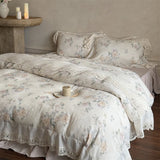 Vintage French Lace Flower Prints Bedding Set 100% Cotton Double Yarn Soft Duvet Cover Flat/Fitted Bed Sheet Pillowcases 4Pcs