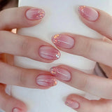 24Pcs Nude Pink Nail Tips Short Round Head False Nails with Design Wearable Finished Fake Nails Full Cover Press on Nails
