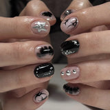 24Pcs French Y2K Sweet Cool Press on Nails Almond False Nails Metal Line Fake Nails Shiny Diamond Nail Black Heart Wearable Nail