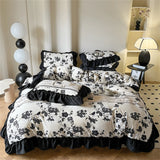 Washed Cotton Bedding Sets With Lace Black Printed Four Piece Set Bedroom Decor Duvet Cover Pillowcase Bedspread Bed Cover Sets