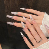 10pcs Gentle Long 3D Water Drop French Fake Nails Handmade Press On Nails Purple Cat's Eye Almond False Nail Diamond Chain Decor