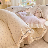 Korean Princess Style Floral Prints Ruffles Bedding Set Double Layer Yarn 100% Cotton Duvet Cover Pillowcases Bed Sheet 4Pcs