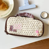 Quilted Pencil Case with Star and Polka Dot Appliques, Heart-Shaped Buttons, Large Capacity Student Stationery Bag, Dual-Use Mak