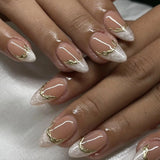 24pcs Finished False Nails Press on Ins Pink Long Almond Nails Tips with Flower Pearl Design Fake Nail Wearable Manicure Sets