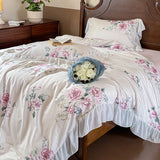 French Pastoral Style Rose Flowers Print Lace Bedding Set Single Queen King Size 100% Cotton Duvet Cover Bed Sheet Pillowcases