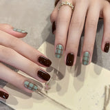 10Pcs Short Ballet Full Cover Nail Tips Blue Grid Pattern Design Handmade Fake Nails Wearable Simple Square Press on False Nails