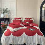 4Pcs Pink Chiffon Lace Princess Wedding Bedding Set Luxury 100% Cotton Duvet Cover Bed Sheet Or Quilted Bedspread Pillowcases