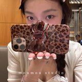 Luxury Bowknot Bracket Leopard Phone Case for IPhone 16 15 14 17 Pro Max Cute Soft Silicone Shockproof Cover with Stand Holder