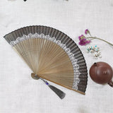 Retro Chinese Style Folding Fan Bamboo Wooden Silk Dance Fan with Tassel Female Wedding Party Performence Hand Held Fan Props