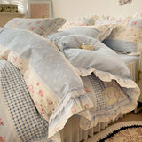 3/4Pcs Vintage French Fresh Floral Lace Ruffles 100% Cotton Bedding Set Duvet Cover Bed Skirt/Bed Sheet/Fitted Sheet Pillowcases