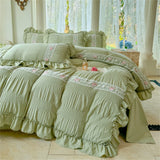Korean Style Bed Set Seersucker Flower Embroidery Four Piece Set With Lace Bed Flat Sheet Pillowcase Duvet Cover Set Textiles