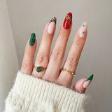 24pcs Christmas Nails Sets Press on Bow Star Design Nails Tips Diamond Snowflake Long Almond False Nail French Green Fake Nails