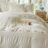 Korean Style Bed Set Seersucker Flower Embroidery Four Piece Set With Lace Bed Flat Sheet Pillowcase Duvet Cover Set Textiles
