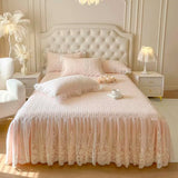 4/6Pcs Pink Princess Wedding Lace Embroidery Korean Style Bedding Set King Queen Size Duvet Cover Bed Skirt Bedspread Pillowcase