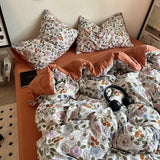 Korean Style Ins Retro Fresh Floral Washed Cotton Bed Four Piece Duvet Set, Student Dormitory Bed Sheet Three Piece Set