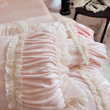 Pink Princess Style Pleated Lace Ruffles Carved Velvet Warm Soft Bedding Set Duvet Cover Flat/Fitted Bed Sheet Pillowcases 4Pcs