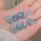 10Pcs Short Handmade Press On Nails Full Cover Cat Eye Shell Design Ocean Bubble Cute Fake Nails Wearable Manicure Nail Tips Art