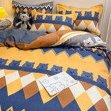 Ikeehome  Thiened Warm Flannel Bedding Set Pure Cotton Bear Pattern Autumn Winter Four-Piece Quilt Cover eet Tee-Piece Set