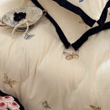 4Pcs Winter Thickened Milk Velvet Butterfly Embroidery Bedding Set Wide Edge Duvet Cover Set Flat/Fitted Bed Sheet Pillowcases