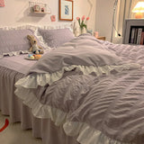 Pink Ruffled Seersucker Duvet Cover Set 3/4pcs Soft Lightweight Down Alternative Grey Bedding  with Bed Skirt and Pillowcases
