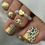 24pcs Press on Toenails Golden Leopard Print Design Full Cover Nail Simple Short Square Fake Nail for Feet Wearable False Nails