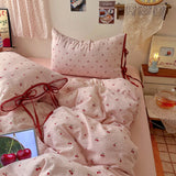 Ins Cherry Bedding Set Bow Tie Closure Duvet Cover Set Soft Flat Sheet Single Double Bed Sheet Set For Girls Bedroom