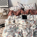Korean Style Ins Retro Fresh Floral Washed Cotton Bed Four Piece Duvet Set, Student Dormitory Bed Sheet Three Piece Set