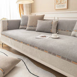 1pc Bohemian-Style Solid Color Small Diamond Chenille Non-Slip Sofa Cover,Two-Tone Splice Design,Ideal for Bedroom,Living Room