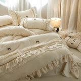 Princess Style Lace Trim Cotton Linen 4Pcs Bedding Set, French High-End Linen Duvet Cover & Sheet Set, Machine Washable