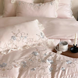 1000TC Egyptian Cotton Flower Embroidery Lace Ruffles Pink Bedding Set Duvet Cover Set Flat/Fitted Bed Sheet Pillowcases 4Pcs