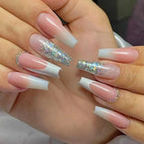 24pcs Medium Ballet False Nails Press on Nail Glitter Powder Simple White Fashion French Fake Nail Detachable Acrylic Nail Tips