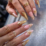 24pcs Red French Press on Nails Almond False Nails 3D Flowers Stick on Nails Sweet Cool Golden Line Nail Rhinestone Fake Nail