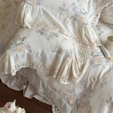 Vintage French Lace Flower Prints Bedding Set 100% Cotton Double Yarn Soft Duvet Cover Flat/Fitted Bed Sheet Pillowcases 4Pcs